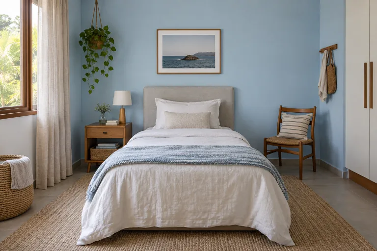 Quarto com parede azul-clara e cama de solteiro